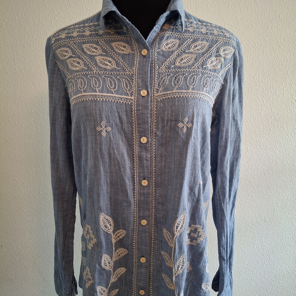 Johnny Was Denim Blue Embroidered Blouse